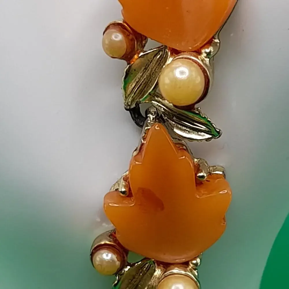Vintage Orange Moonglow Lucite Leaf Bracelet, Gold Tone, 7 1/4 In, 1950s